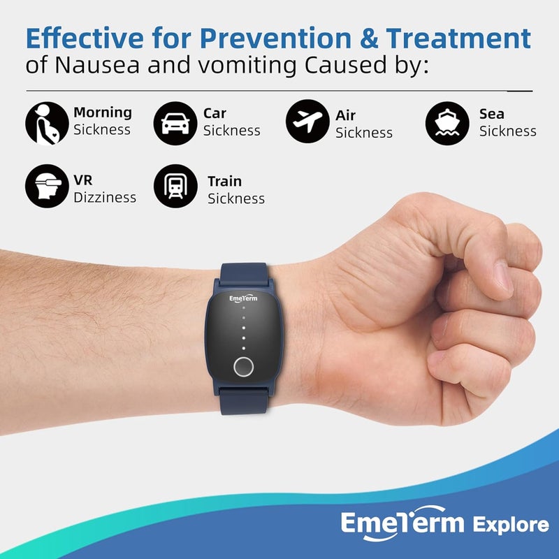 EmeTerm Explore FDA-Cleared Anti-Nausea Wristband IP67 Waterproof Morning Motion Sickness Relief Band Rechargeable Classic Strap Design Drug Free Non-drowsy Without Side Effects Navy Blue - Image 3